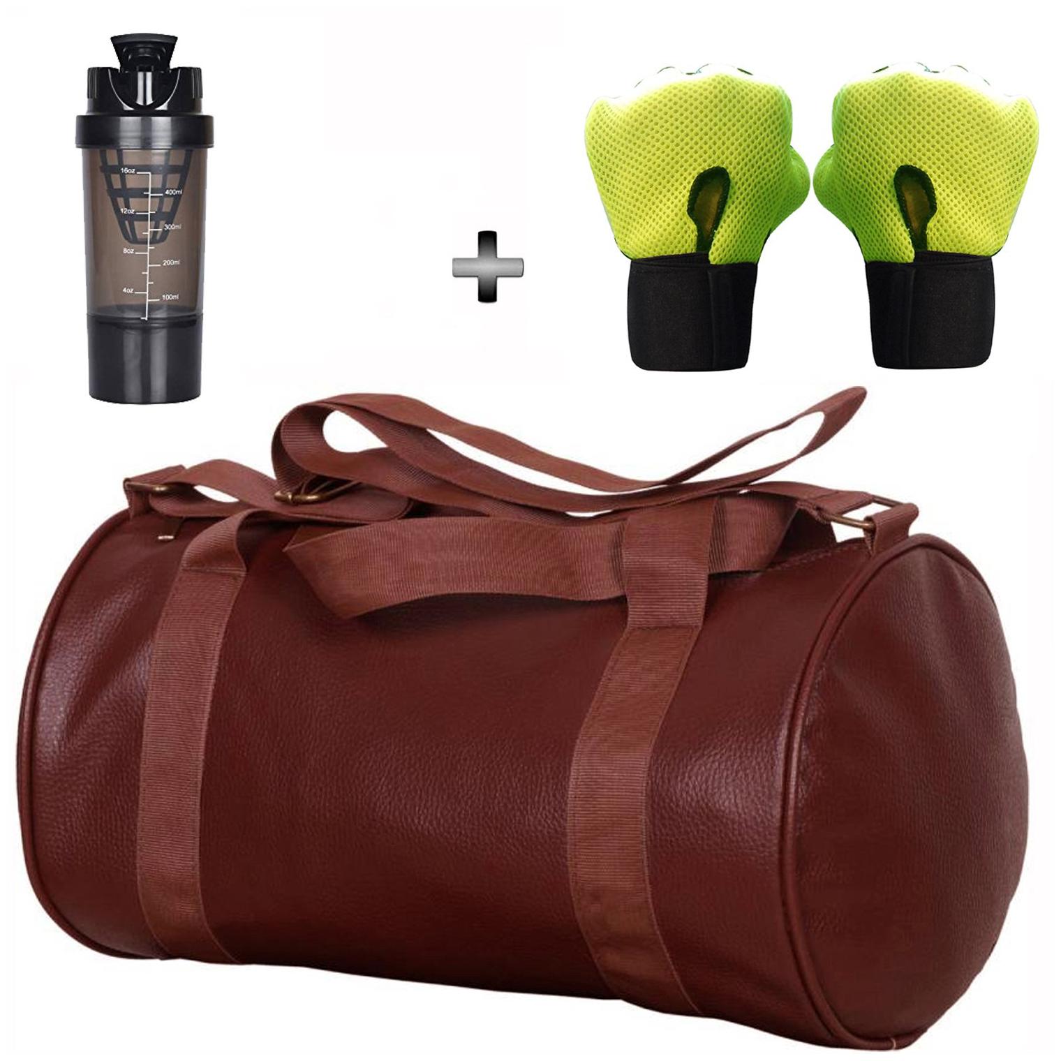 

5 O CLOCK SPORTS Gym Bag Combo Set Enclosed With Soft Leather Gym Bag For Men and Women For Fitness -Brown Color Cyclone Shaker - Black Color and Leather Gym Gloves With Wrist Support- Green Color
