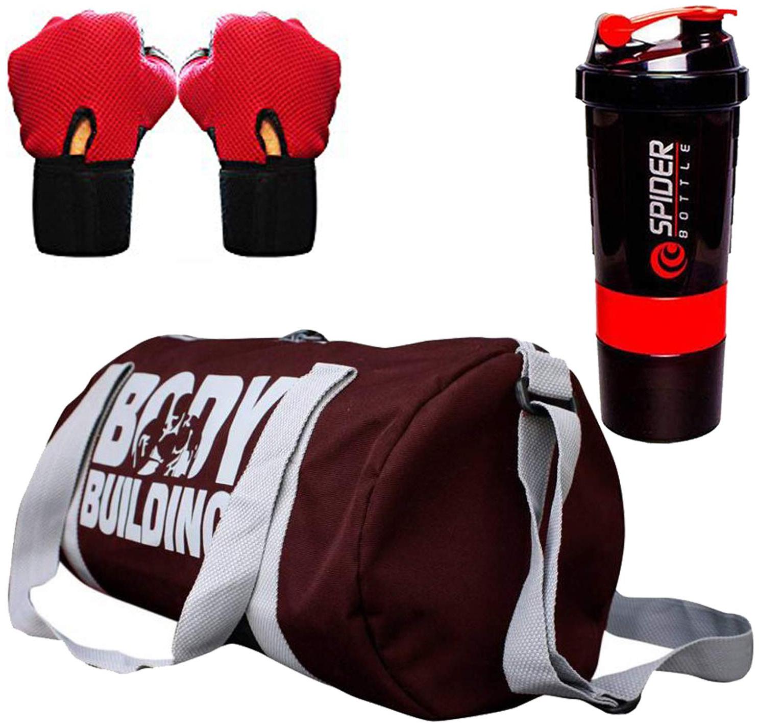 

5 O CLOCK SPORTS Combo of Gym and Fitness Kit Bodybuilding Wine Gym Bag Leatherite Gloves with Wrist Support (Red) and Spider Shaker (with 2 Extra Storage Compartment) (Red) for Men Women