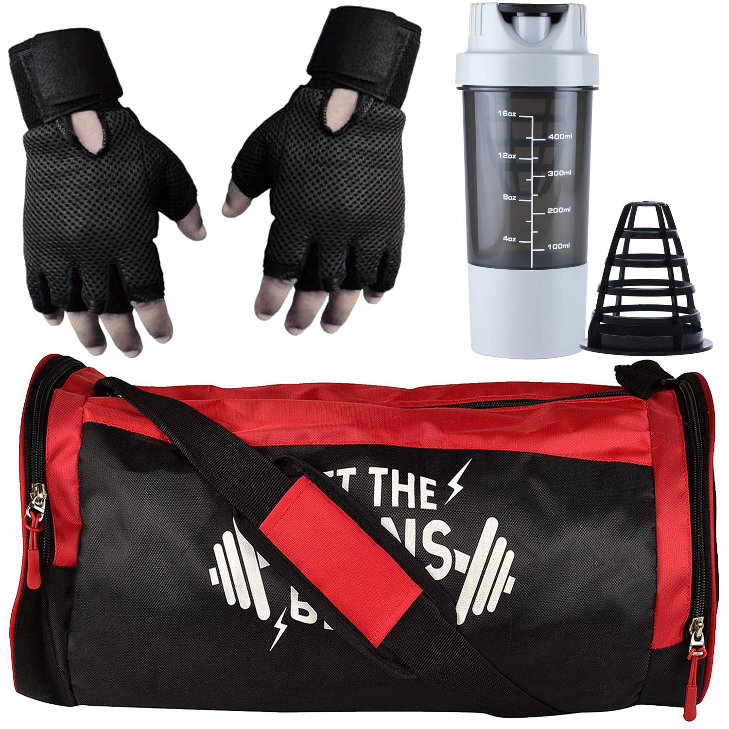 

5 O CLOCK SPORTS Combo Set of Red LTGB Gym Bag with Shoe Compartment Cyclone Shaker Cup and Gym Gloves with Wrist Support for Men and Women