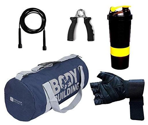 

5 O CLOCK SPORTS Gym Bag for Men Combo of Leather Black Gym Bag Sports Bottel Red Gloves Skipping Rope