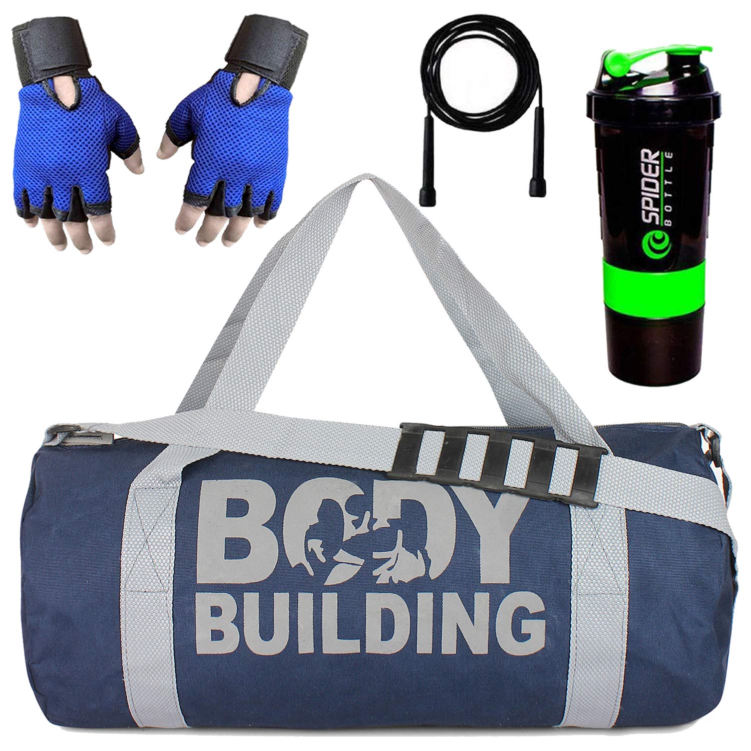 

5 O CLOCK SPORTS Gym Bag for Men Combo of Blue Body Building Bag Combo Spider Shaker Bottle- Green Color Leather Gym Gloves - Blue Color with Skipping Rope