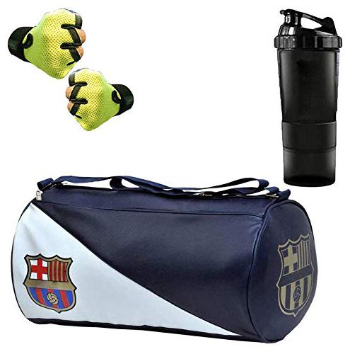 

5 O CLOCK SPORTS Gym Bag Combo Set Enclosed with Soft Leather Gym Bag for Men Fitness - Blue FCB Black Spider Shaker Green Gym Gloves