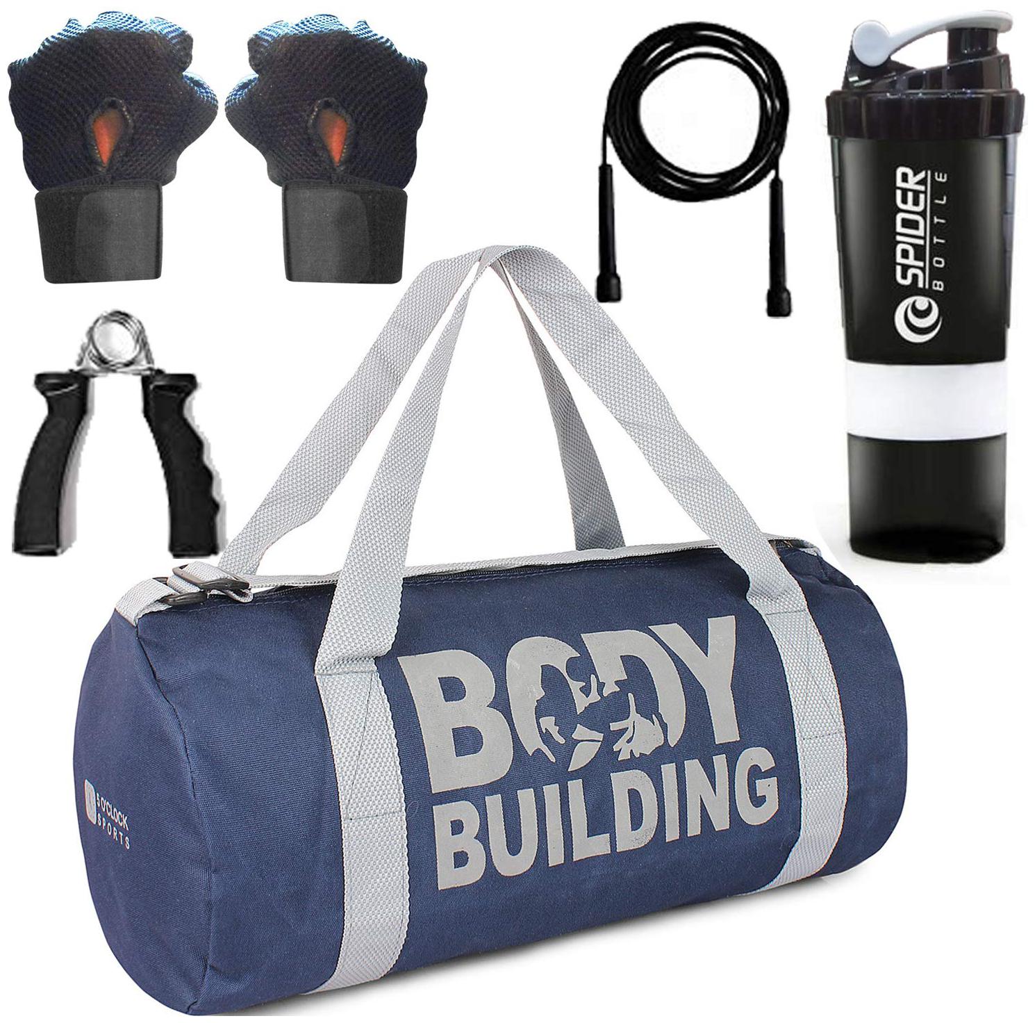 

5 O CLOCK SPORTS Gym Bag for Men Combo of Blue Body Building Bag Sports Bottel Black Gloves Skipping Rope with Hand Gripper