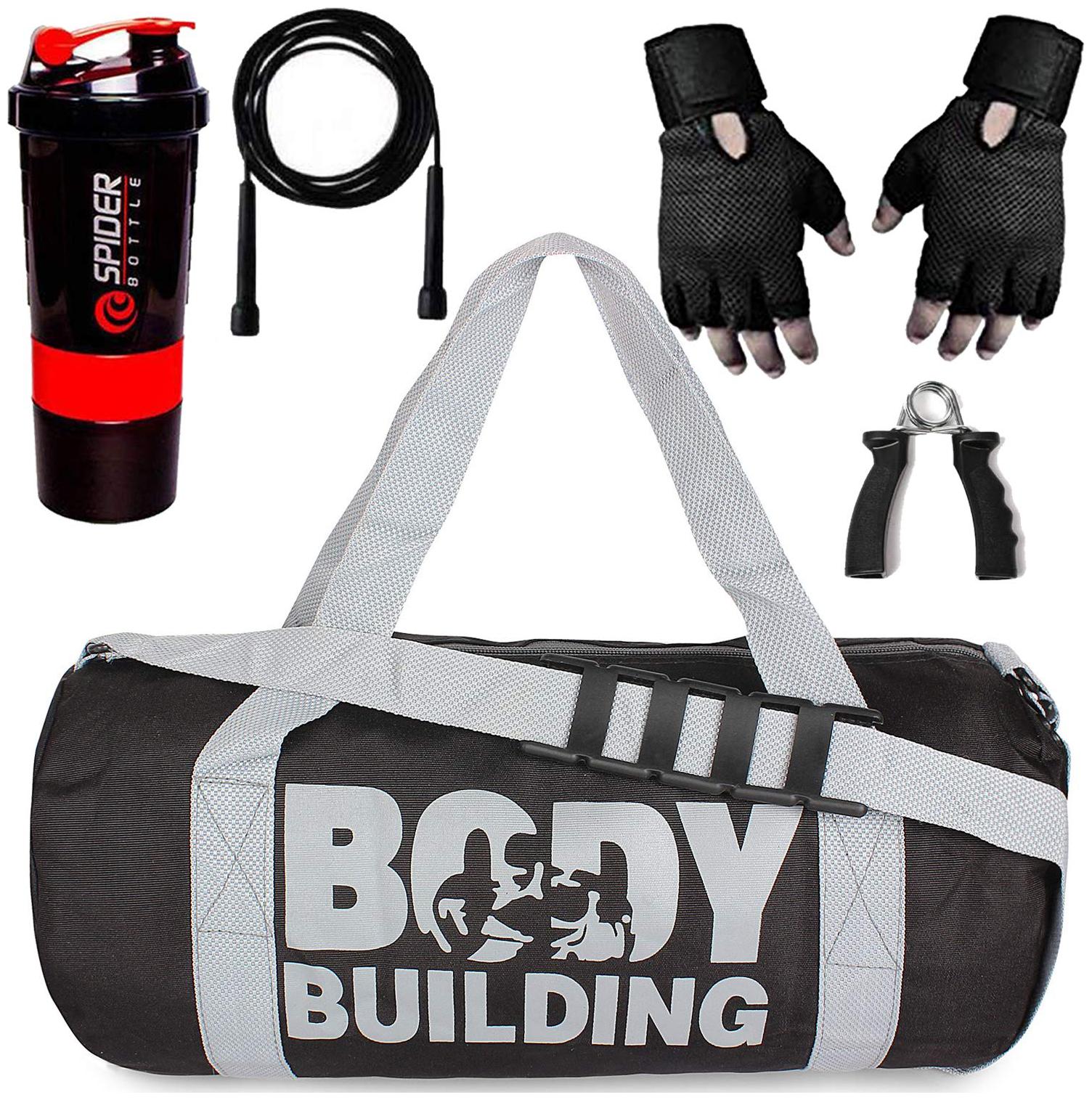 

5 O CLOCK SPORTS Gym Bag for Men Combo Black Body Building Gym Bag Black Gloves Skipping Rope Red Spider with Hand Gripper Gym and Fitness kit