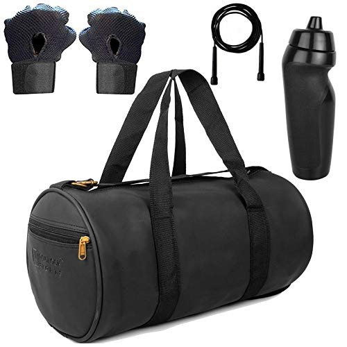 

5 O CLOCK SPORTS Gym Bag Combo Set Enclosed with Soft Leather Gym Bag for Men Fitness - Black Colour Skipping Rope Penguine Shipper - Black Colour and Leather Gym Gloves - Black Colour