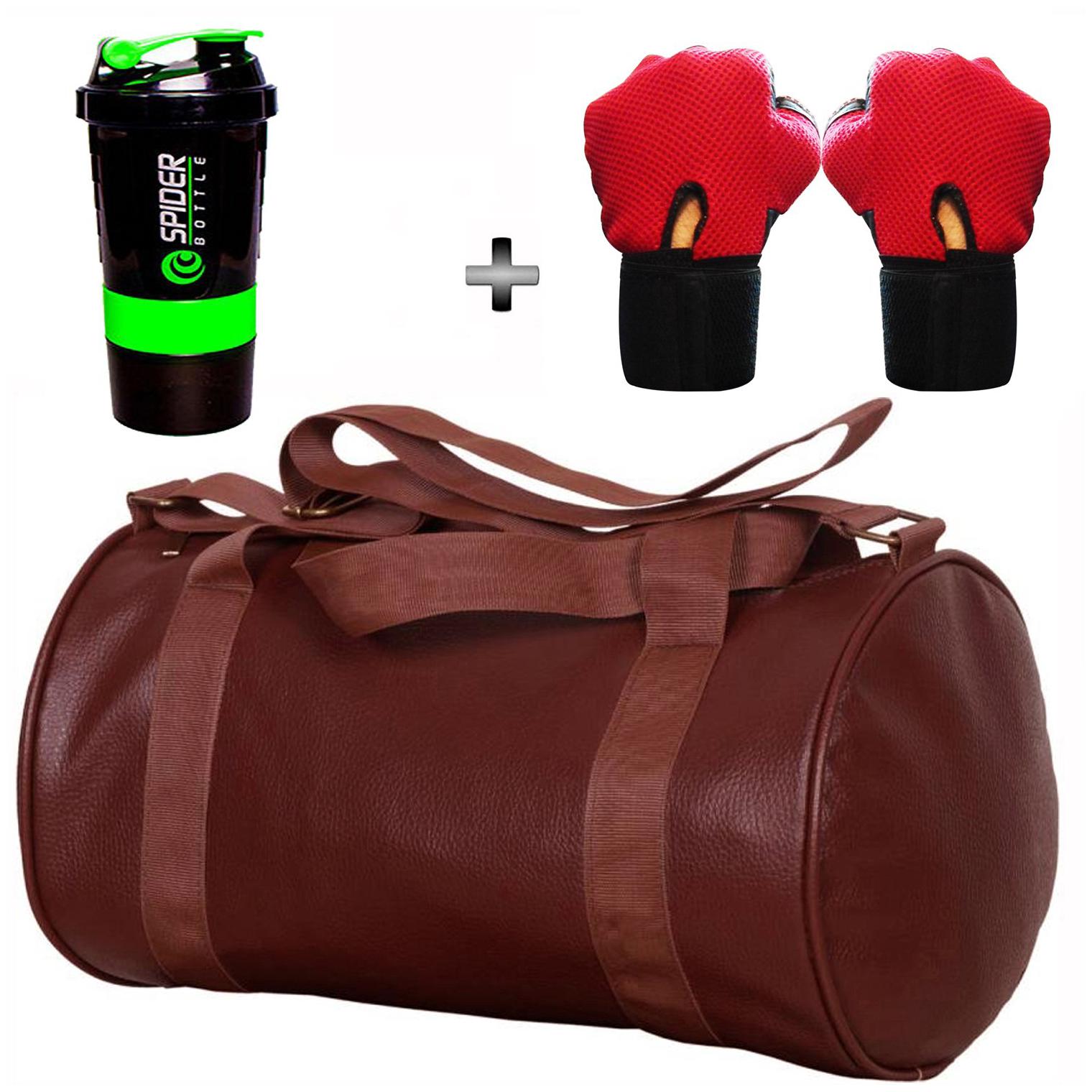 

5 O CLOCK SPORTS Gym Bag Combo Set Enclosed With Soft Leather Gym Bag For Men and Women For Fitness - Brown Color Spider Shaker - Green Color and Leather Gym Gloves With Wrist Support- Red Color