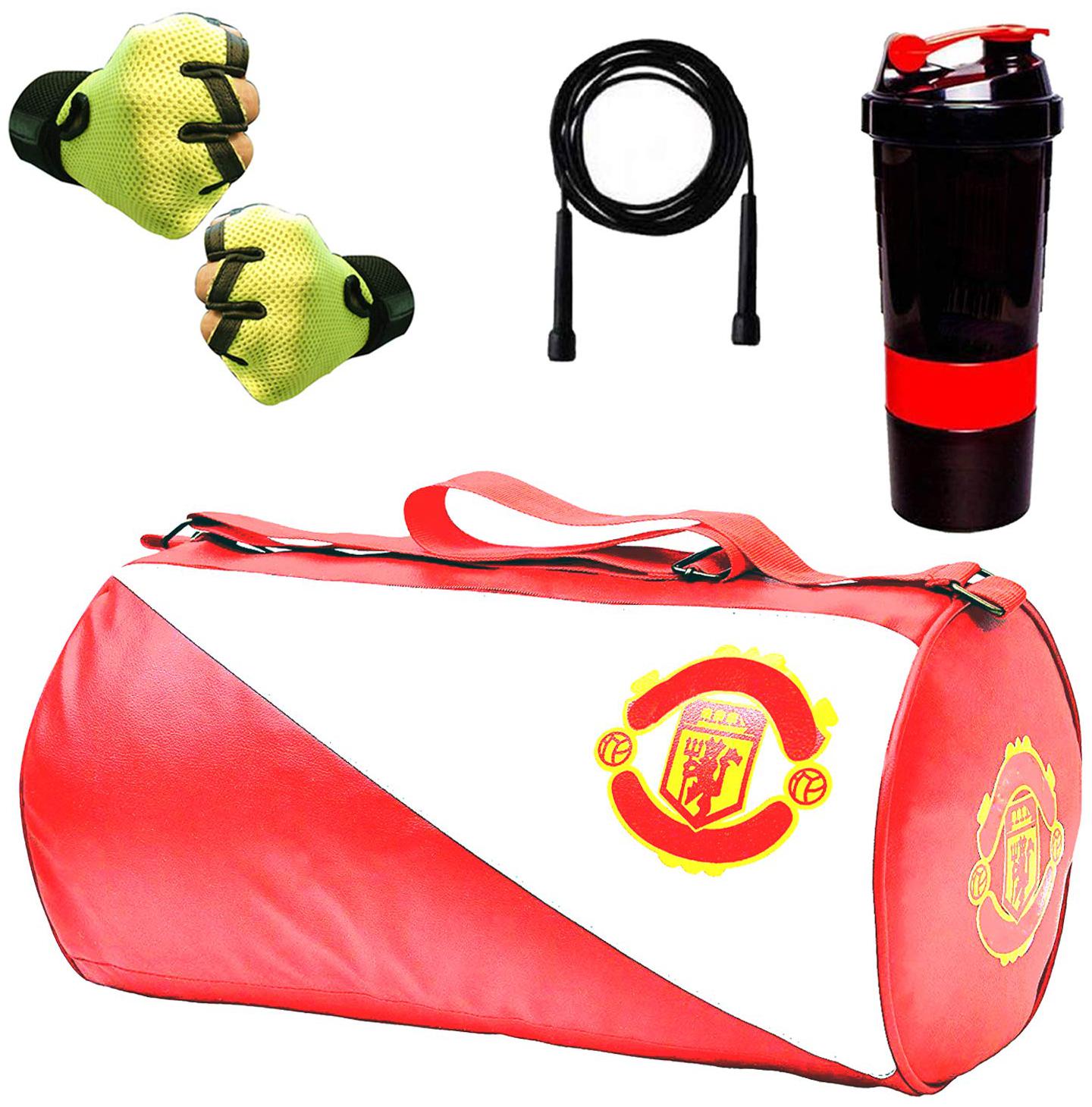 

5 O CLOCK SPORTS Men s Combo of Manchester United Travel Leather Gym Bag Skipping Rope and Red Spider Shaker Fitness Kit Accessories (Red) Leather Gym Gloves with Wrist Support Colour(Green)