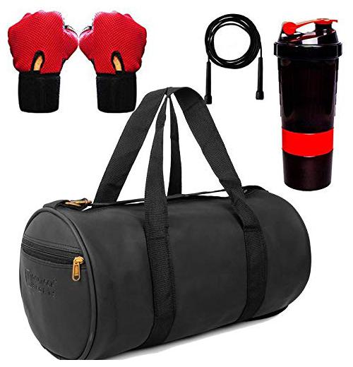 

5 O CLOCK SPORTS Gym Bag Combo Set Enclosed with Soft Leather Gym Bag for Men Fitness - Black Colour Skipping Rope Spider Shaker -Red Colour and Leather Gym Gloves - Red Colour