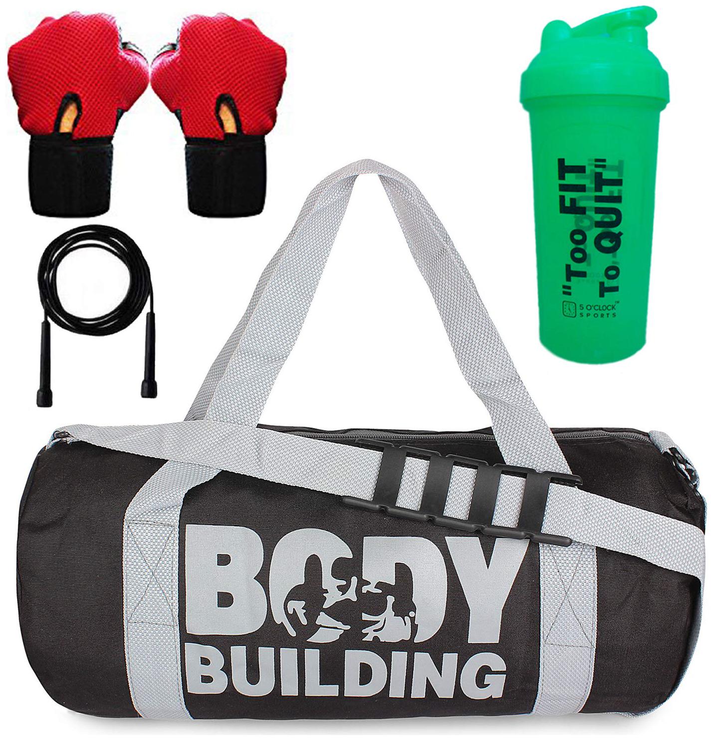 

5 O CLOCK SPORTS Gym Bag for Men Combo Black Body Building Gym Bag Red Gloves Skipping Rope with Go Workout Shaker Gym and Fitness kit