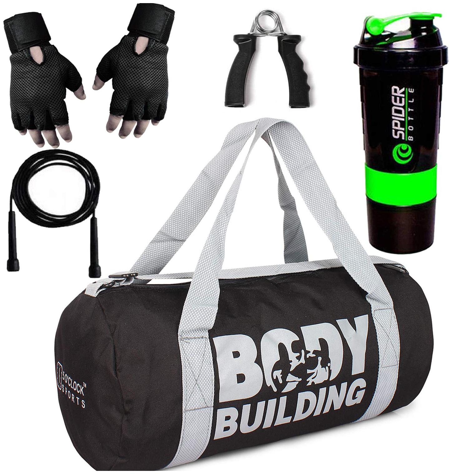 

5 O CLOCK SPORTS Gym Bag for Men Combo Black Body Building Gym Bag Black Gloves Skipping Rope Green Spider with Hand Gripper Gym and Fitness kit