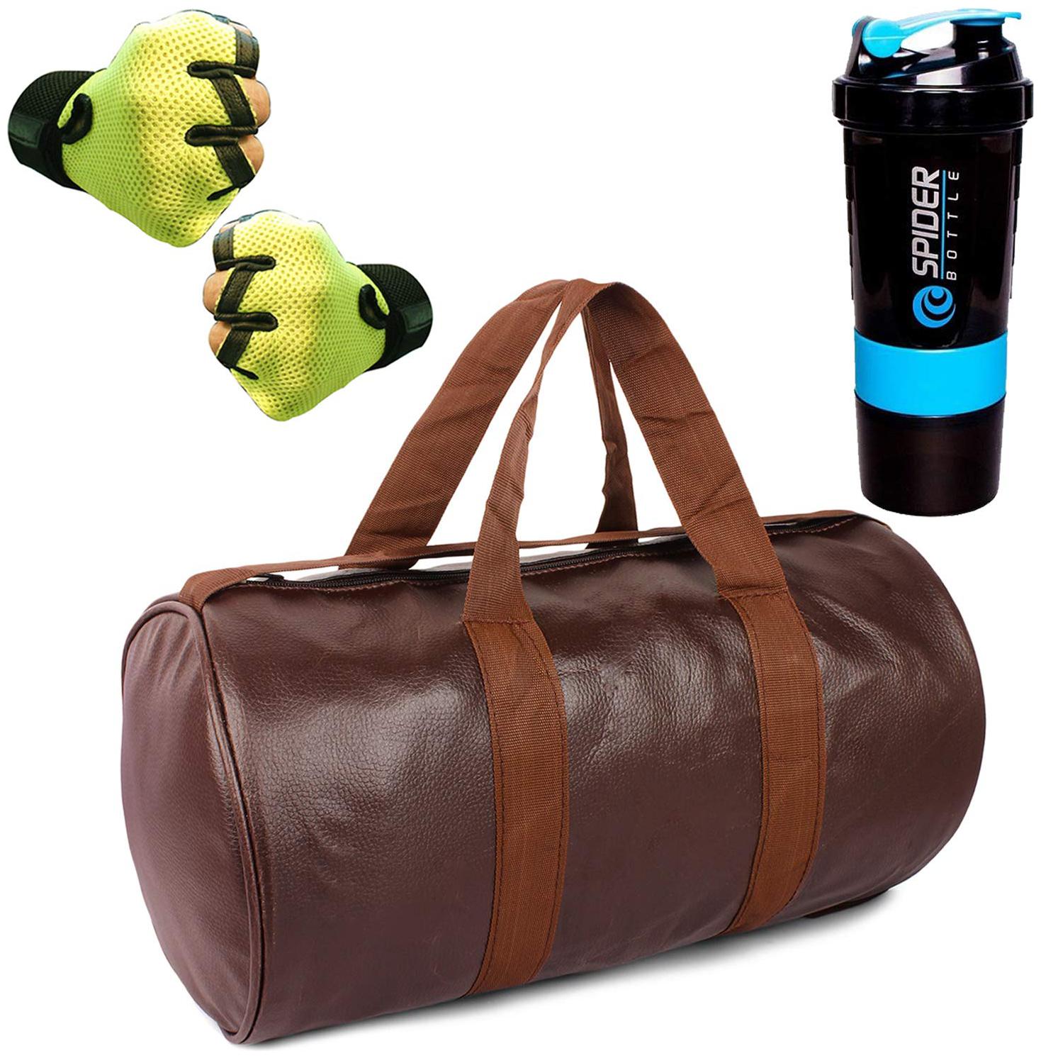 

5 O CLOCK SPORTS Gym Fitness Kit- Combo of Leatherite Brown Gym Bag Duffle Bag Green Gloves and Sky Blue Spider Shaker Bottle