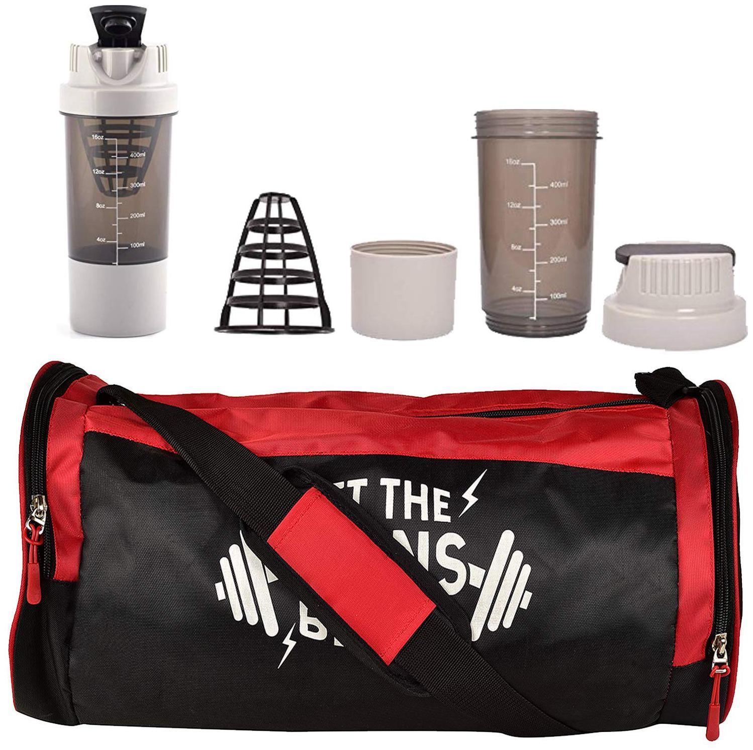 

5 O CLOCK SPORTS Men Polyester Red and Black Gym Bag and White Cyclone Shaker Bottle Combo Pack