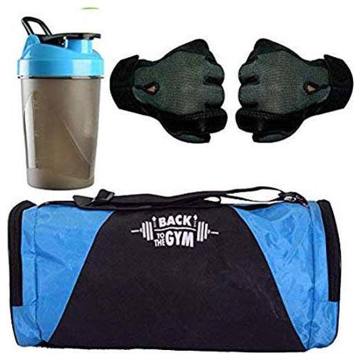 Combo Set Polyester 40 Ltrs Blue Sport Gym Duffle Bag Shoe Compartment, Gym Shaker (400 ml), Netted Gym & Fitness Gloves (Grey)