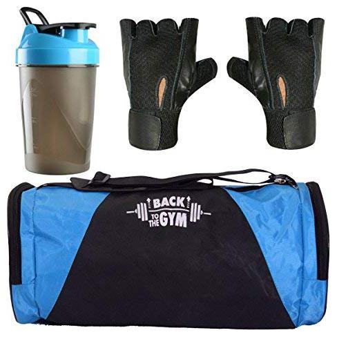

Combo Set Polyester 40 Ltrs Blue Sport Gym Duffle Bag Shoe Compartment Gym Shaker (400 ml) Netted Gym Fitness Gloves (Black)