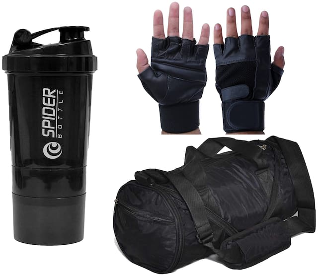 Gene MN-0117 Classic combo Gym Bag And Gym Glove With Spider Shaker Wrist Support Combo Gym & Fitness Kit