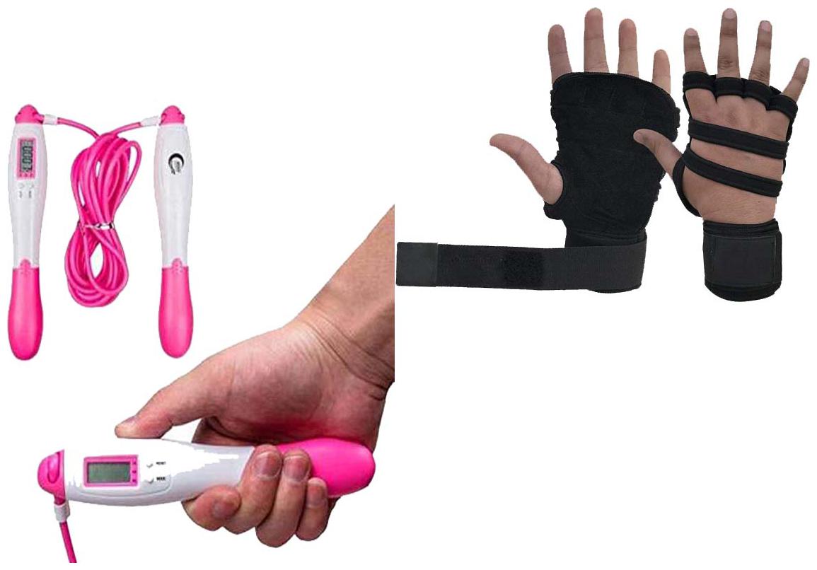 

Gymwar Fitness Accessories Eqiupment COMBO OF Gym Glove And Digital Counting LCD Jump Skipping Rope Electronic Counter Professional Skipper