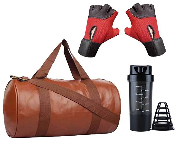 

JMO27Deals Soft Leatherette Enclosed Tan Gym Bag with Shaker and Wrist Support Gloves Combo Set