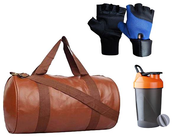 

JMO27Deals Soft Leatherette Enclosed Tan Gym Bag with Shaker and Wrist Support Gloves Combo Set