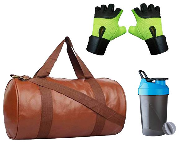 

JMO27Deals Soft Leatherette Enclosed Tan Gym Bag with Shaker and Wrist Support Gloves Combo Set