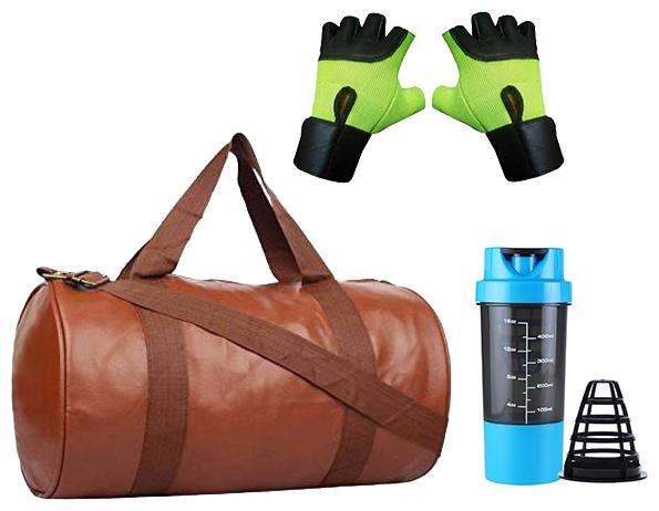 

JMO27Deals Soft Leatherette Enclosed Tan Gym Bag with Shaker and Wrist Support Gloves Combo Set