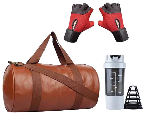 

JMO27Deals Soft Leatherette Enclosed Tan Gym Bag with Shaker and Wrist Support Gloves Combo Set