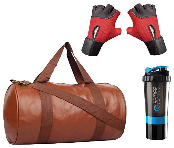 

JMO27Deals Soft Leatherette Enclosed Tan Gym Bag with Shaker and Wrist Support Gloves Combo Set