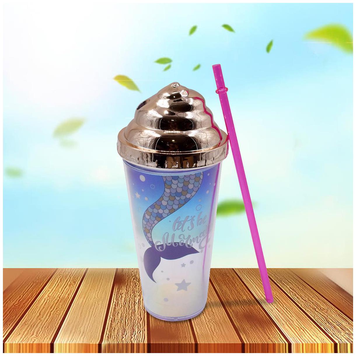

Kookee Acrylic Sipper with Straw Hologrphic Mermaid Print with Star Golden - 270ml