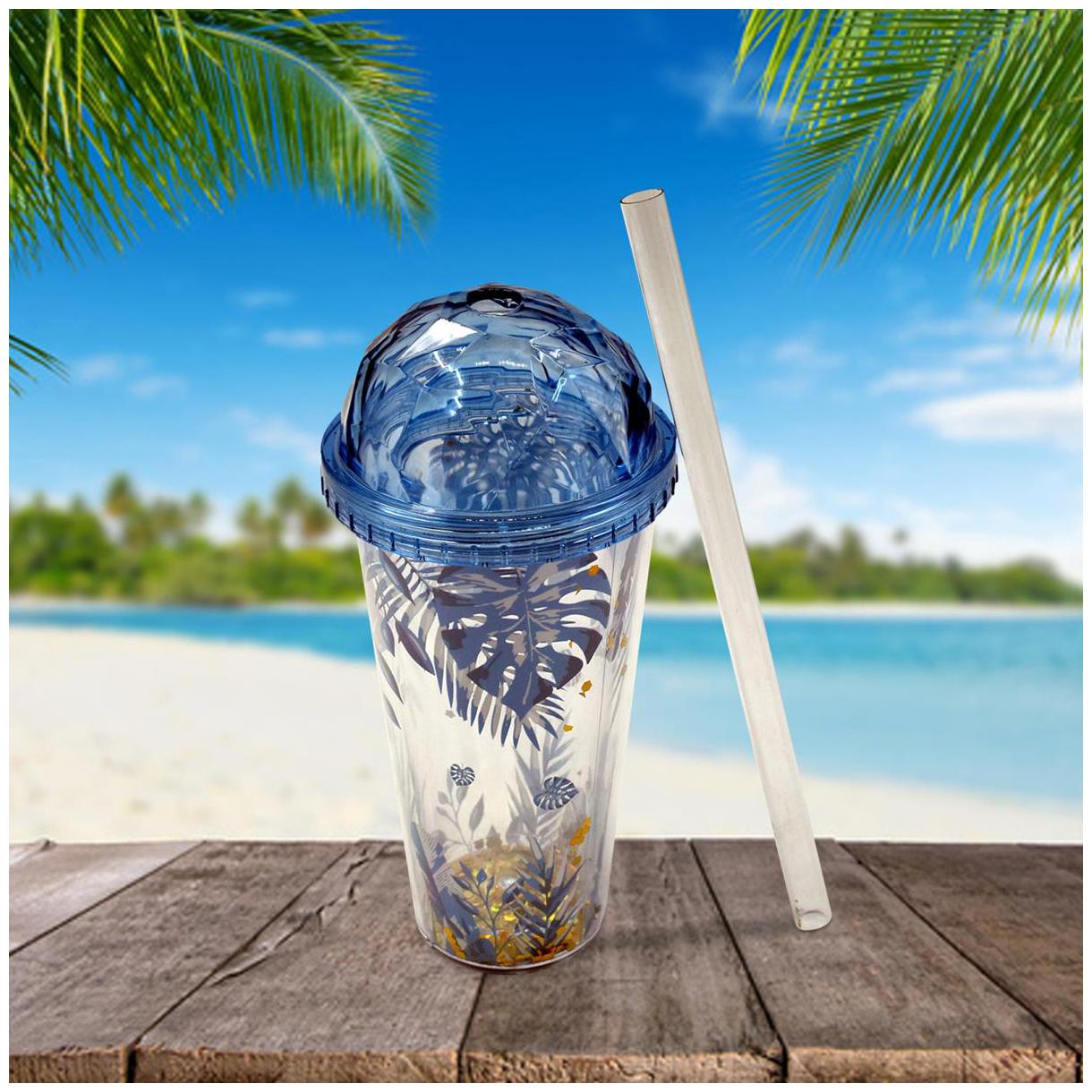 

Kookee Acrylic Frosted Sipper with Straw Leaves Print with Glitter Blue - 270ml (25-211)