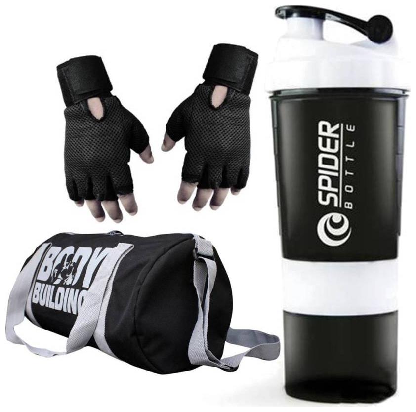 

megus Combo of Bodybuilding Gym Bag Gloves Black and Spider Shaker(Black) Gym Fitness Kit