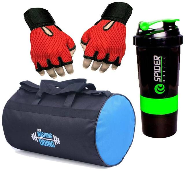 Polyester Long Lasting Material, Duffel Bag, Gym Bag with Sport Sipper Water Bottle and Gloves