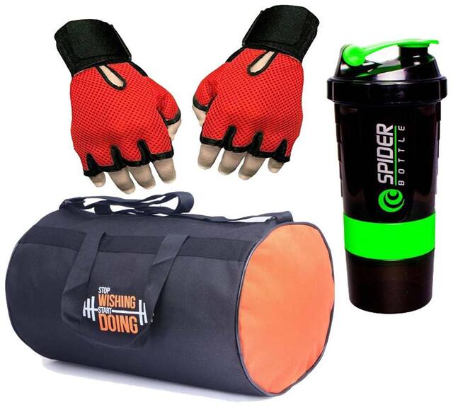 Polyester Long Lasting Material, Duffel Bag, Gym Bag with Sport Sipper Water Bottle and Gloves