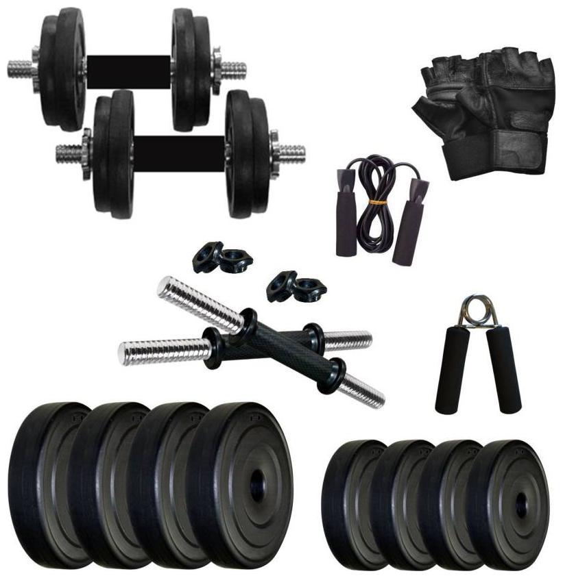 

STAR X 14kg Home Gym Exercise Set Of PVC Plates With 1 Pair Dumbbell Rods Gym Gloves Skipping Rope Hand Gripper