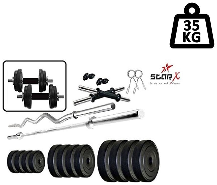 

Star X Home Gym Exercise Set of 35kg PVC Weights with 2 Dumbbell Rods 5ft Straight Rod 3ft Curl Rod