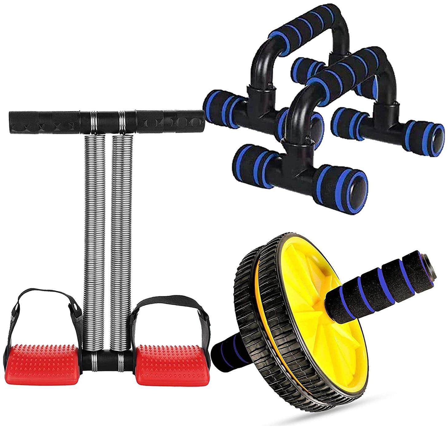 

ZINOM Combo of Push Up Bars Stand with Foam Grip Handle for Chest Press Double Spring Tummy Trimmer and Double Ab Wheel Roller