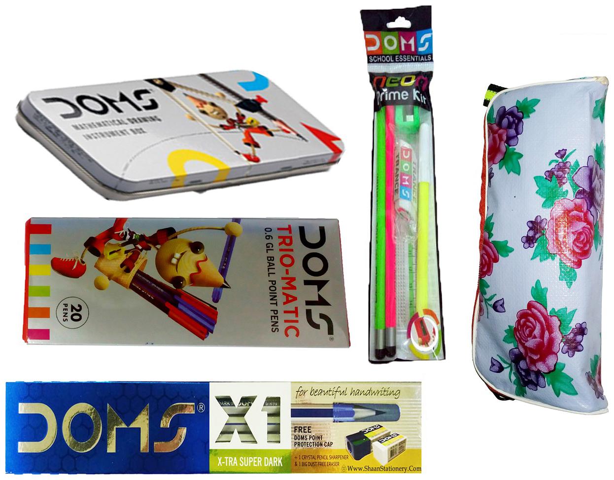 

10 DOMS X 1 PENCILS 1 DOMS GEOMETRY BOX 1 DOMS NEON PRIME KIT DOMS TRIOMATIC BALL PEN JAR (20 PENS) 1 POUCH
