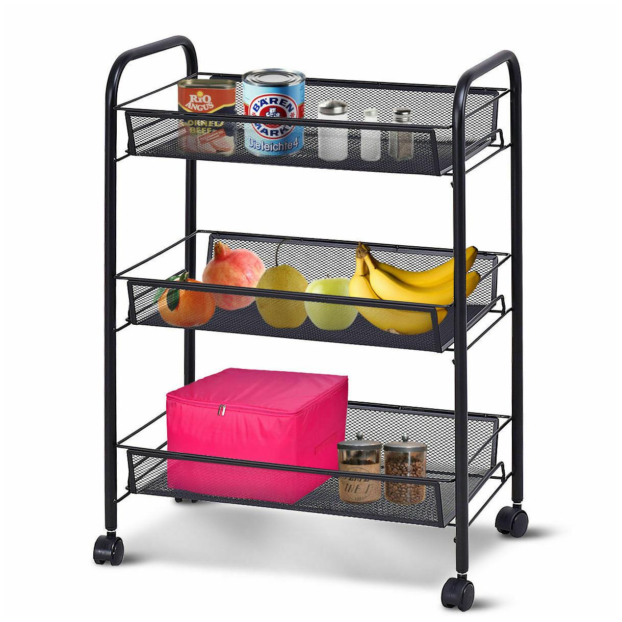 

3 Tier Kitchen Mesh Rolling File Utility Cart Storage Basket Home Office Black