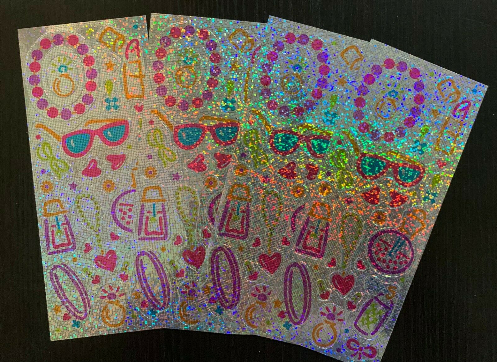 

4 Small Sheets Girly Jewelry Sunglasses Heart Rings Scrapbook Stickers