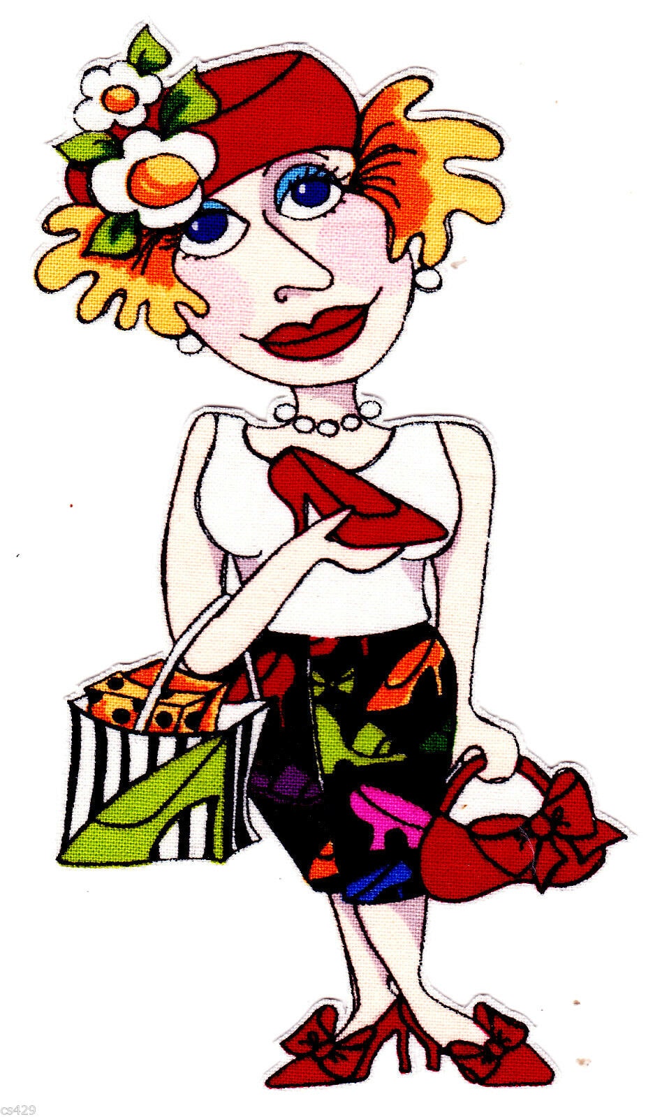 

5 -5 5 Loralie gone shopping lady red shoe fabric applique iron on