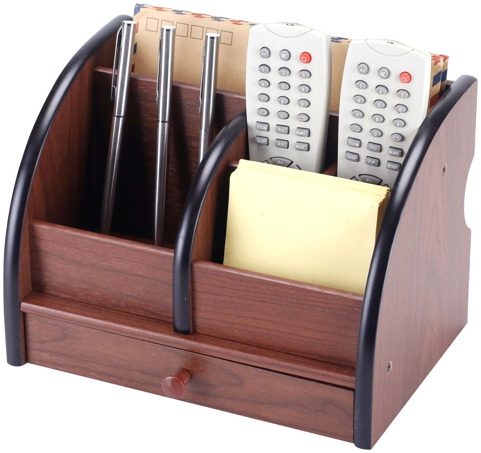 

5-Compartment Black Brown Wood Office Organizer Letter Sorter with Drawer