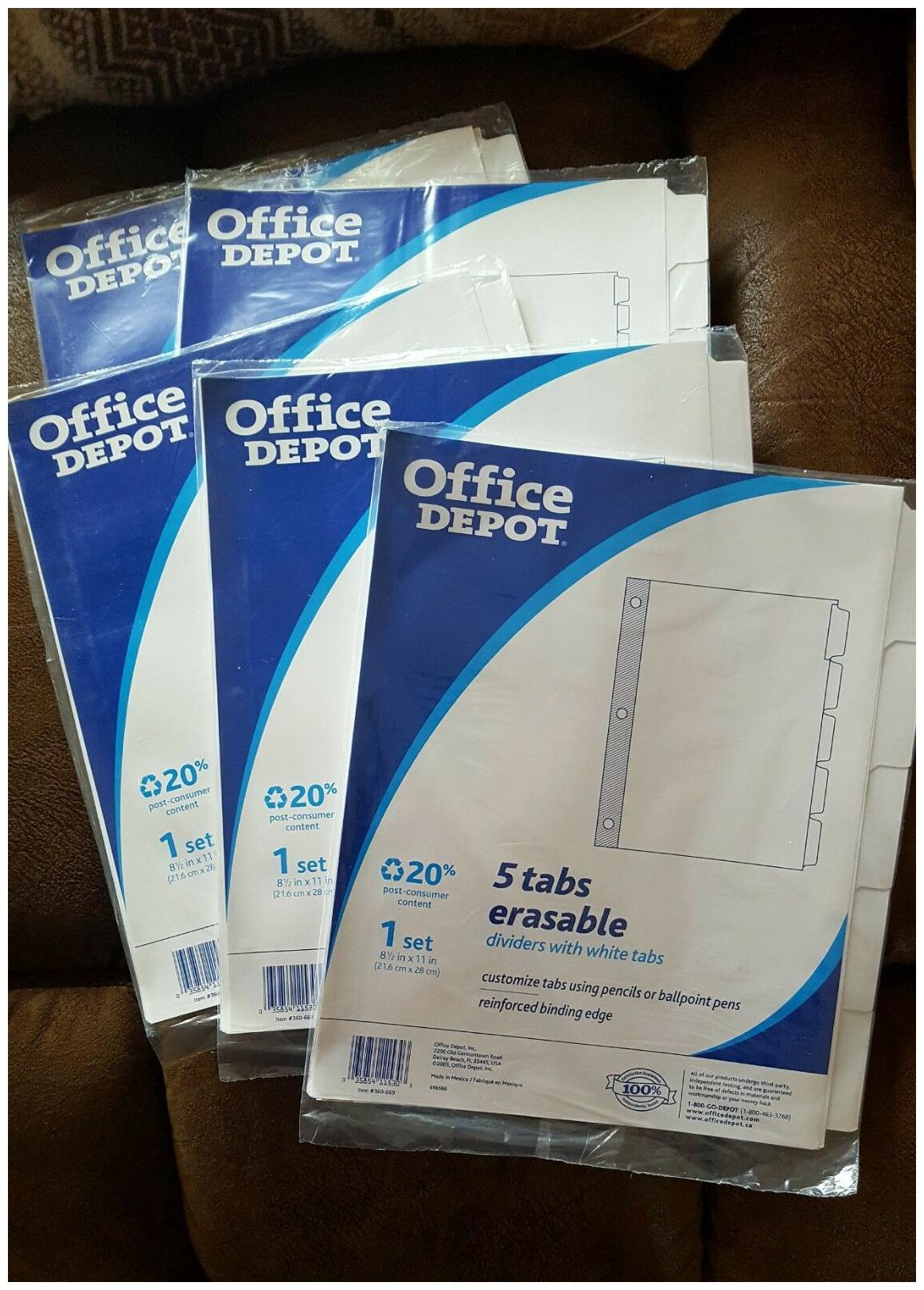 

5 Sets Office Depot White Erasable 5-Tab Dividers Reinforced NEW Ships FREE