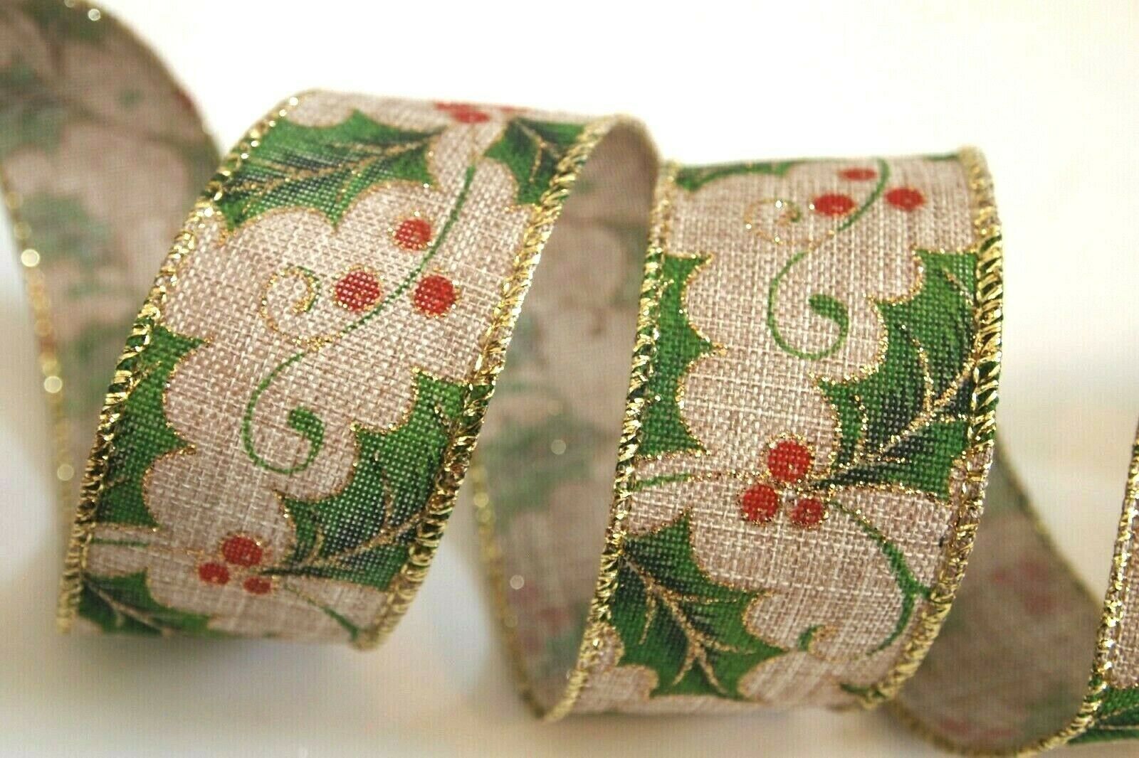 

5 Yards Burlap Red Green Holly Berry 1 1 2 Wired Ribbon Christmas 5 yds