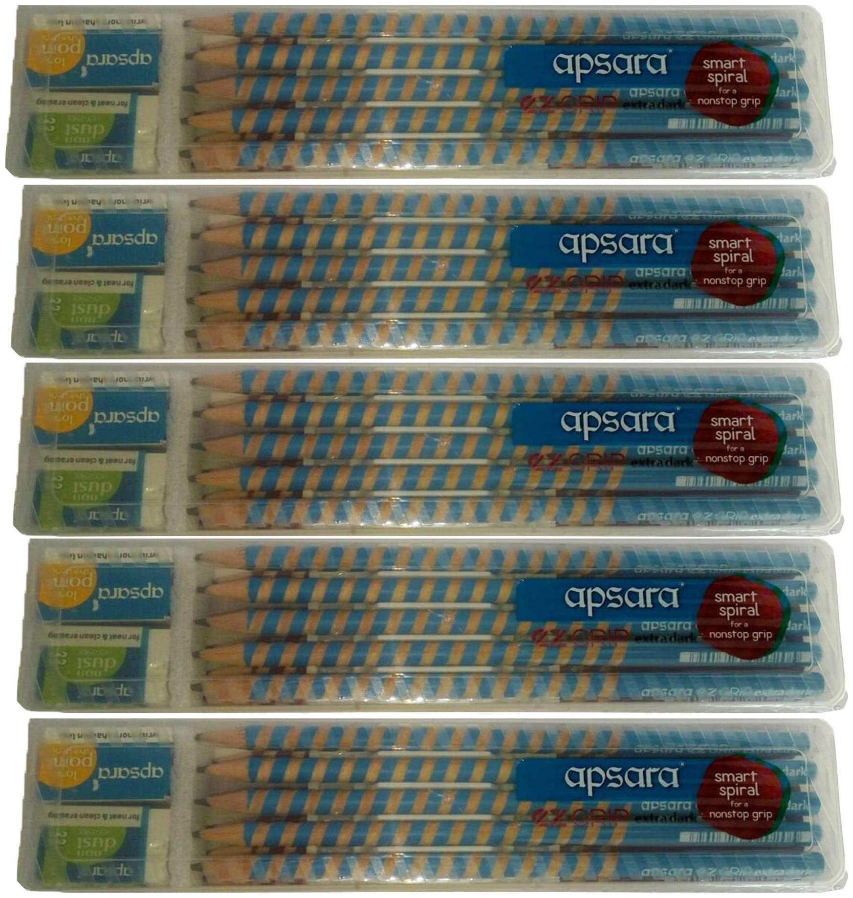 

50 APSARA EZ GRIP EXTRA DARK PENCILS 5 LONG SHARPENERS 5 NON DUST ERASERS