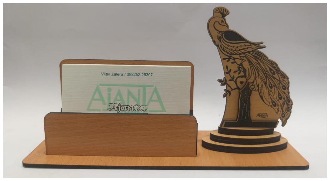 

A-Mart Wooden Finish Visiting Card Holder With Peacock On Tree Design For Office Table