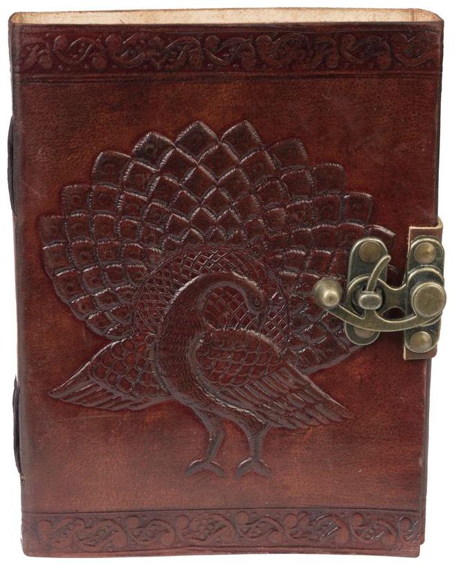 

Anshika International Pure Genuine Real Vintage Hunter Leather Handmadepaper Notebook Diary with Engraved Peacock Diary - Size of (H) 7 (L) 5 Brown