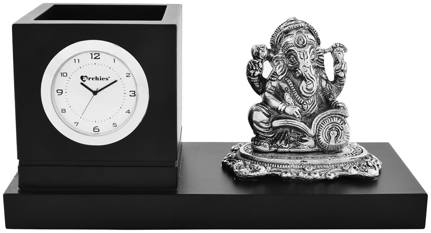 

archies Ganesha Statue Pen Holder with Clock for Home Decor in Silver Color Made with Brass and Wood (10x29 cms) 1 pc Set