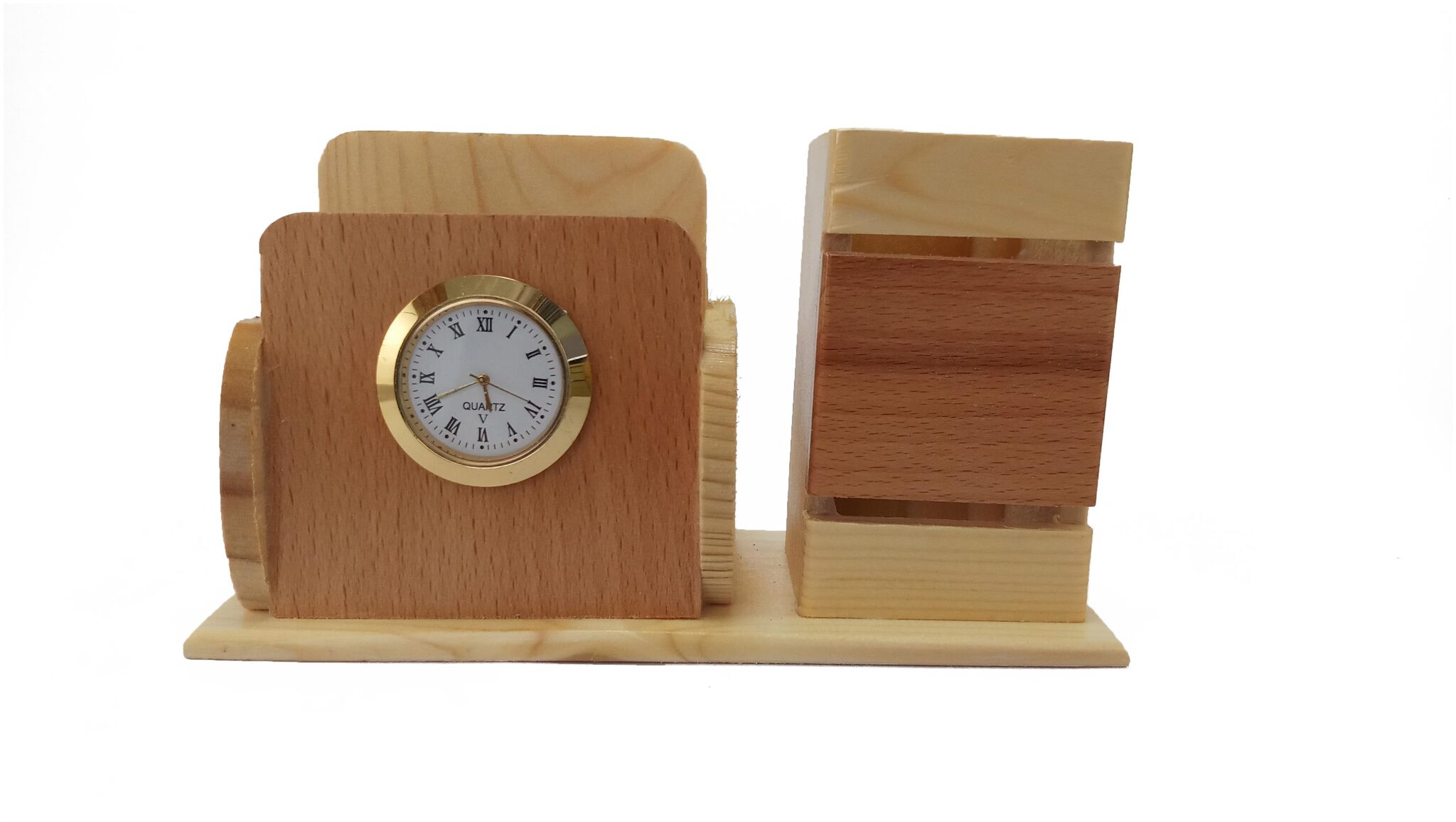 

Aromora Wooden 2 compartments Pen Stand with clock for office Desk Decor Desktop Storage Holder Stand for Pen Pencil Card Holder Office Desk Organizer (Pack of 1)