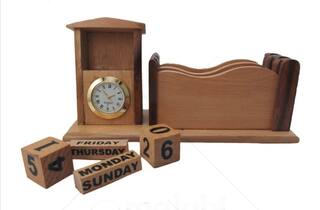 Aromora Wooden Pen Pencil Stand Holder with Clock, Date calendar (Brown)