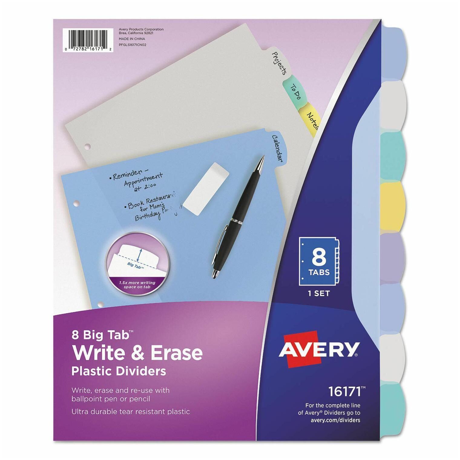 

Avery BIG TAB Multi Color WRITE ERASE 8 write-on Plastic Dividers Letter 16171