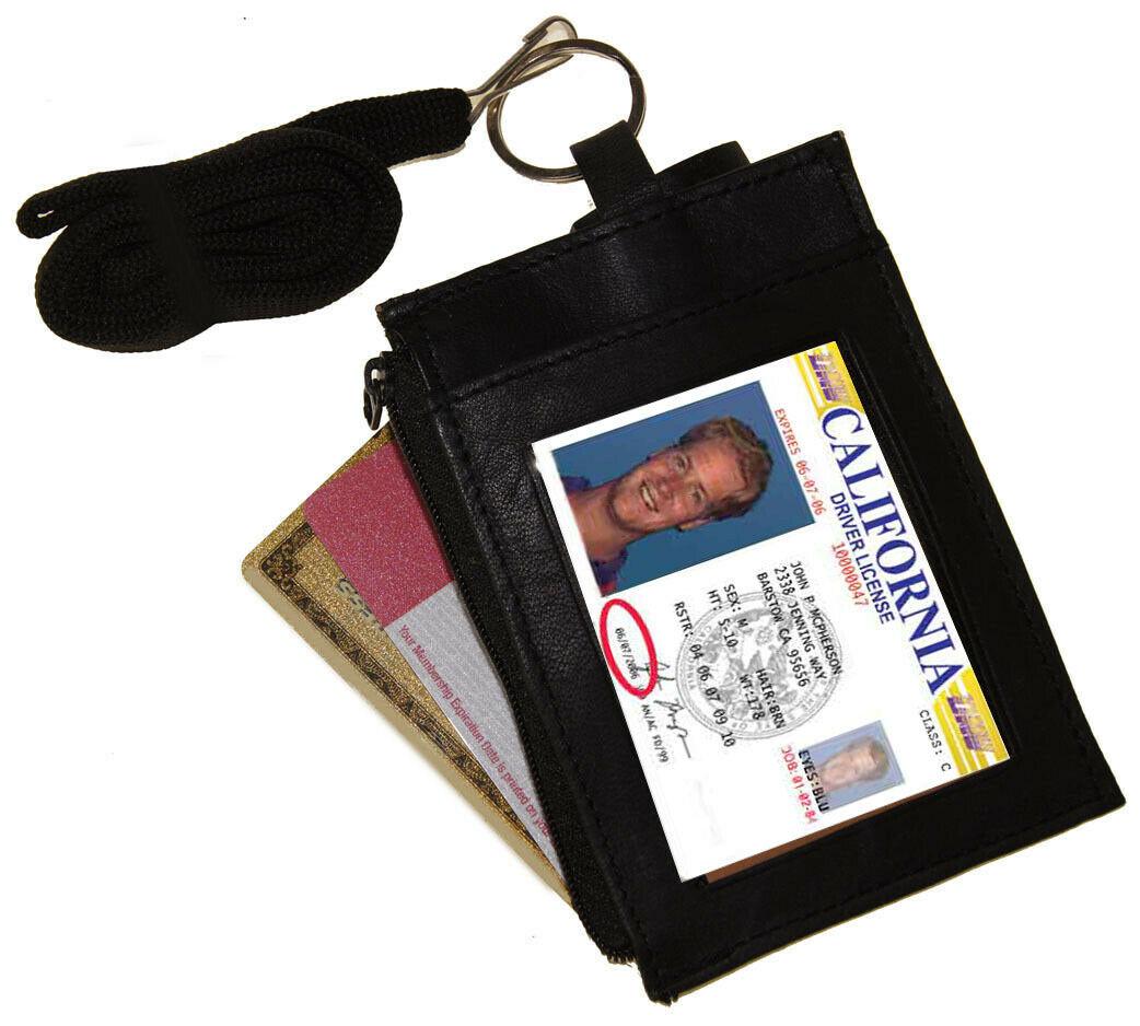 

Black Leather ID Badge Holder Neck Strap Card Money Key Lanyard Name Tag Wallet