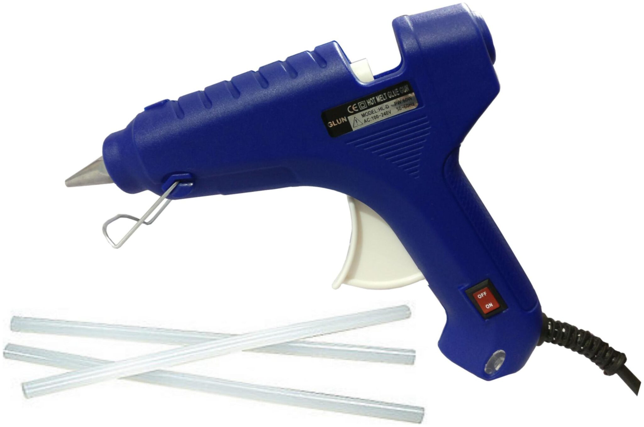 

BLUE 60W 60 WATT HOT MELT GLUE GUN LEAK PROOF PROFESSIONAL GUN WITH ON OFF SWITCH AND INDICATOR AND FREE 3 TRANSPARENT GLUE STICKS